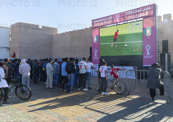 Crowd building up football match in FIFA World Cup, Qatar 2022, Essaouira, Morocco, north Africa,