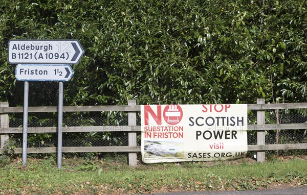 Roadside protest banner against Scottish Power plant for electricity substation at Friston,