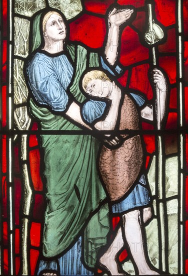 Stained glass window church of Saint John, Saxmundham, Suffolk, England, UK, Hagar and Ishmael in