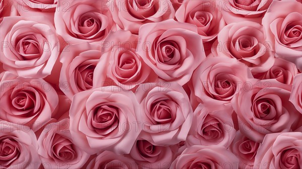 Valentine day background of close-up view of a beautiful mix of pink roses, symbolizing love and
