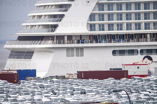 Parking space for import vehicles, hundreds of Hyundai Ioniq, electric cars, waiting for onward