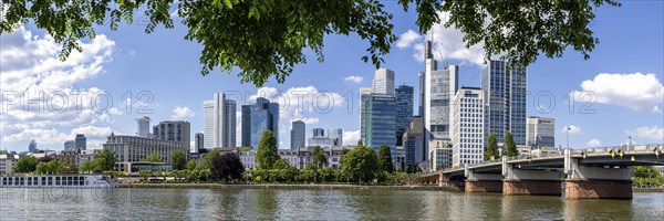 Skyline panorama with skyscrapers in the city centre, river Main and Untermainbrücke in Frankfurt,