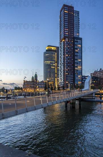 High-rise buildings at Kop van Zuid, at the Rijnhaven harbour basin, Rijnhavenbrug, bridge, Hotel