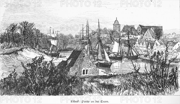 Hanseatic city of Lübeck on the Trave, cityscape, sailing ships, harbour, embankment, church tower,