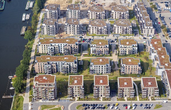 Aerial view, Hafencity Geesthacht, residential building, apartment block, multi-family house,