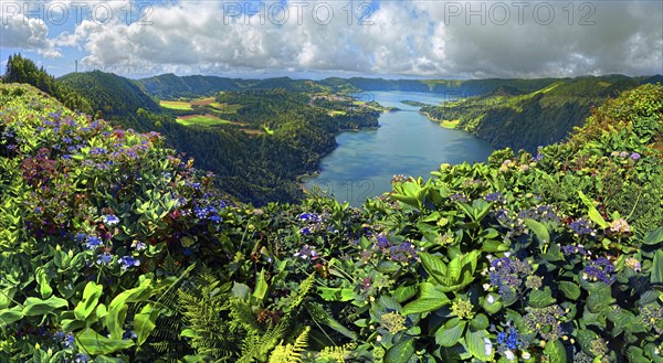 Sweeping views over the picturesque crater lakes Lagoa Verde and Lagoa Azul surrounded by lush