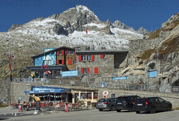 Entrance to the ice grotto in the Rhone Glacier, Furka Pass, Belvédère, Obergoms, Valais,