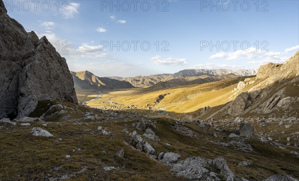 Mountain landscape with hills and yellow meadows in autumn, Kol Suu, Sary Beles Mountains, Naryn