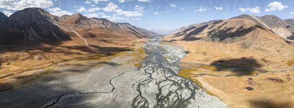 Aerial view, Burkhan mountain valley with meandering river, barren dramatic mountain landscape,