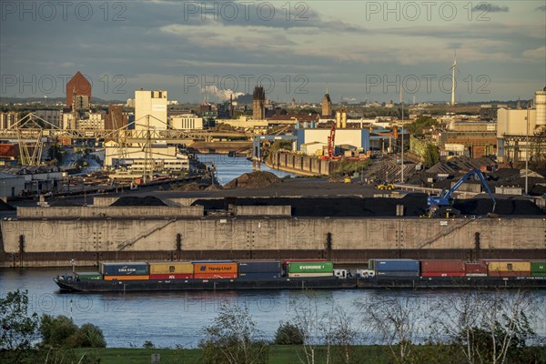 Duisburg harbours, Rheinkai Nord, outer harbour, behind the city centre with inner harbour, archive