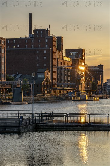The inner harbour, in Duisburg, Werhahn-Mühle building on the right, North Rhine-Westphalia,