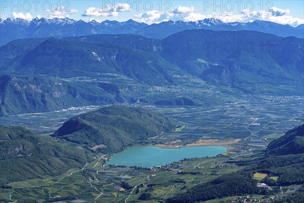 Lake Kaltern, near the village of Kaltern, in the Adige Valley in South Tyrol, one of the two