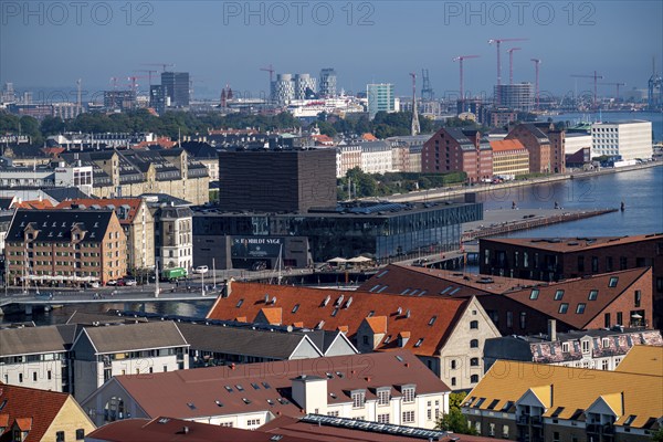 Panoramic view over Copenhagen, in front the Skuespilhuset theatre, shore of Larsens Plads, museums