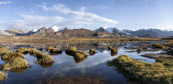 Glaciated mountain peaks reflected in a mountain lake at sunset, Arabel Lake at Arabel Pass, Issyk