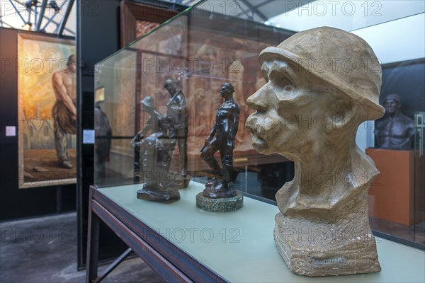 Coal miners' art, sculptures and paintings at Le Bois du Cazier coal mine museum, Marcinelle near