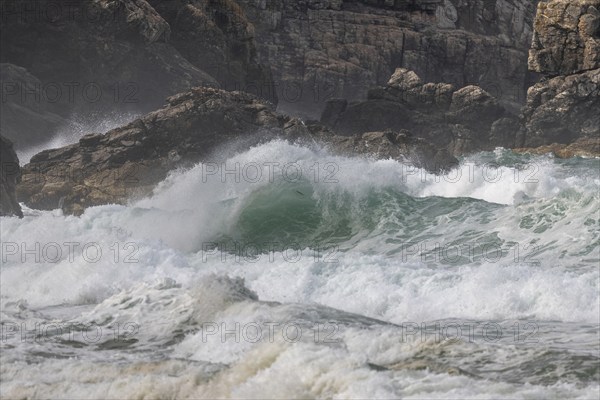 Large waves of the Atlantic Ocean crash against the rocks of a cliff. Camaret sur mer, Crozon,