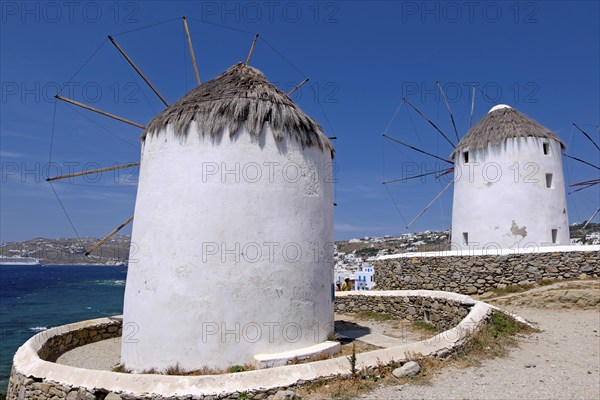 The windmills, the landmark of Mykonos, Cyclades, Greece, Europe