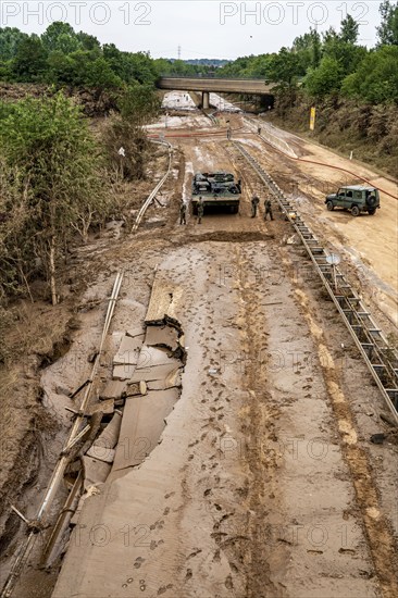Flood on the Erft, here the federal road B265 destroyed by the water, Erftstadt, North
