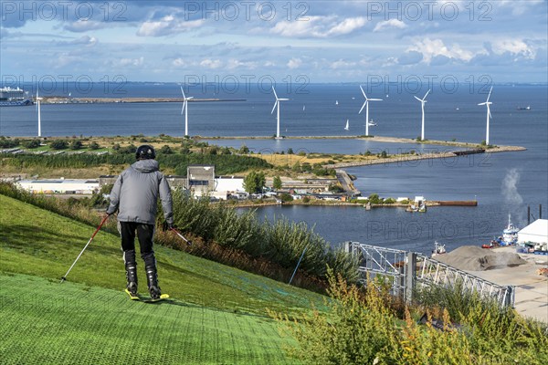CopenHill, waste incineration plant and artificial ski slope, skiing with a view of the Øresund, 90