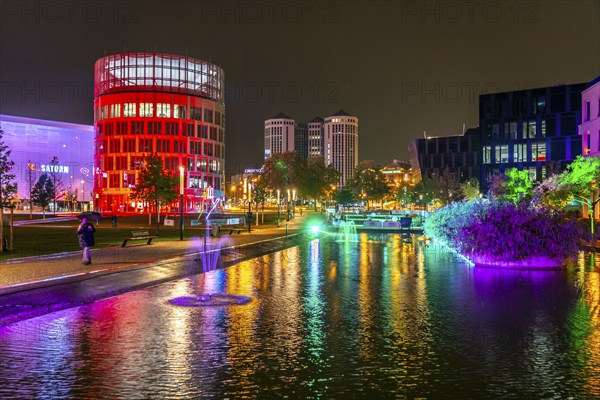 Lighting at the Essen Light Festival, Neue Mitte Essen, Funke publishing house, light installation,