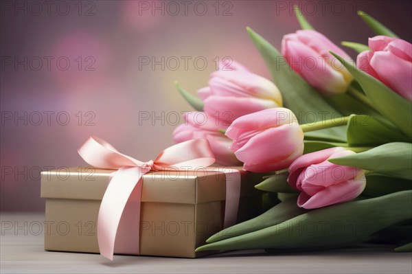 Gift Box with Pink Ribbon Beside bouquet of Fresh Tulips on Bokeh Background. Good for Valentine