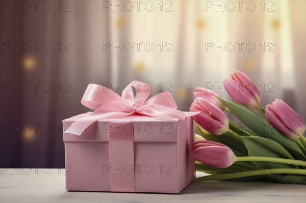 Gift Box with Pink Ribbon Beside bouquet of Fresh Tulips on Bokeh Background. Good for Valentine