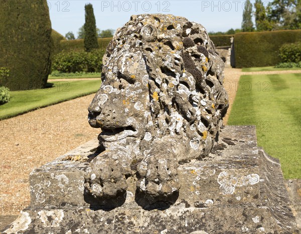 Stone lion sculpture terrace garden Bowood House and gardens, Calne, Wiltshire, England, UK