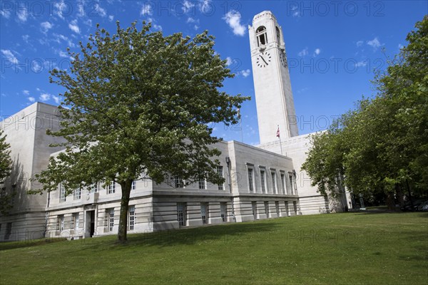 Tower of Brangwyn Hall, Guildhall, Swansea, West Glamorgan, South Wales, UK