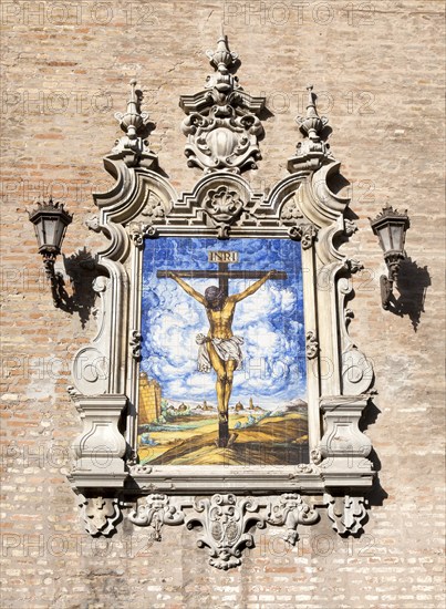 Ceramic tiles used in historic picture of crucifixion of Jesus Christ in Triana, Seville, Spain,