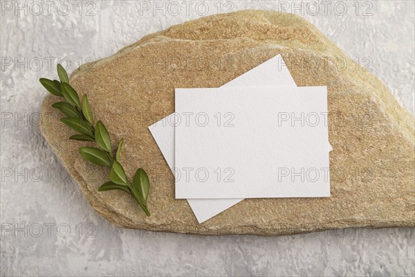 White paper business card, mockup with natural stone and boxwood branch on gray concrete background