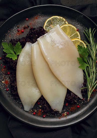 Fresh body, squid, raw, three carcasses, top view, no people, on a plate