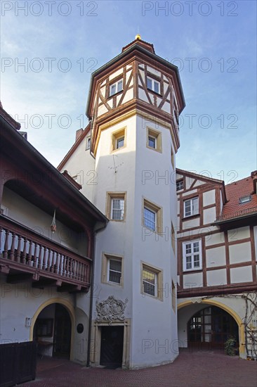 Inner courtyard with tower of the parish centre of St. Gumbertus Church, Ansbach, Middle Franconia,