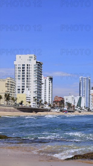 Panoramic view of Mazatlan sea promenade and waterfront El Malecon with ocean lookouts and beaches