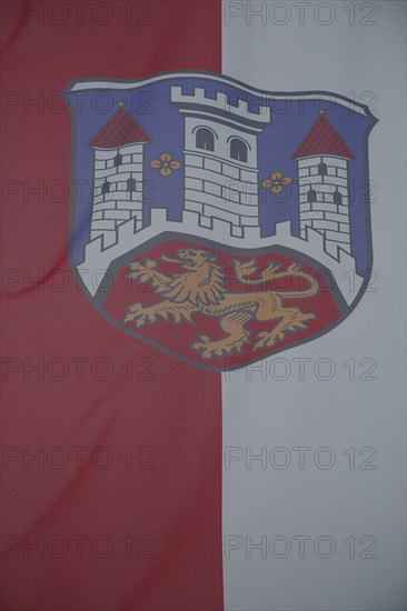 Town flag and town coat of arms with lion figure and three towers, red, white, market square,