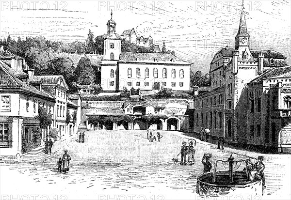 Market square in Leutenberg in Thuringia, Germany, in 1890, Historical, digital reproduction of an