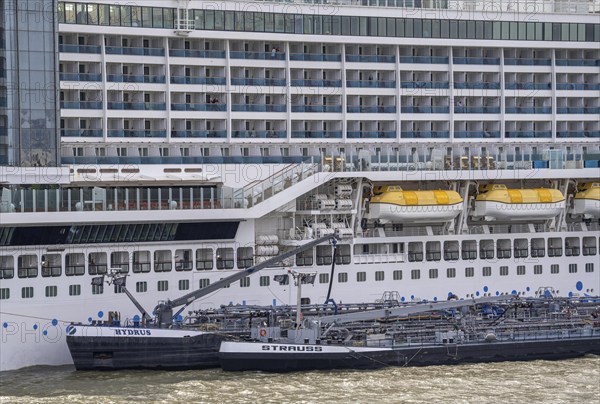 The cruise ship AIDA Prima is refuelled, moored at the Cruise Terminal Rotterdam, Netherlands