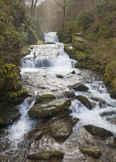 Hoar Oak Water river waterfall at Watersmeet, Lyn Valley, near Lynmouth, Exmoor national park,