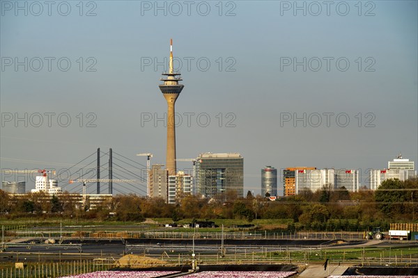 Skyline of Düsseldorf city centre, Rhine Tower, city gate building, Rhine knee bridge, North