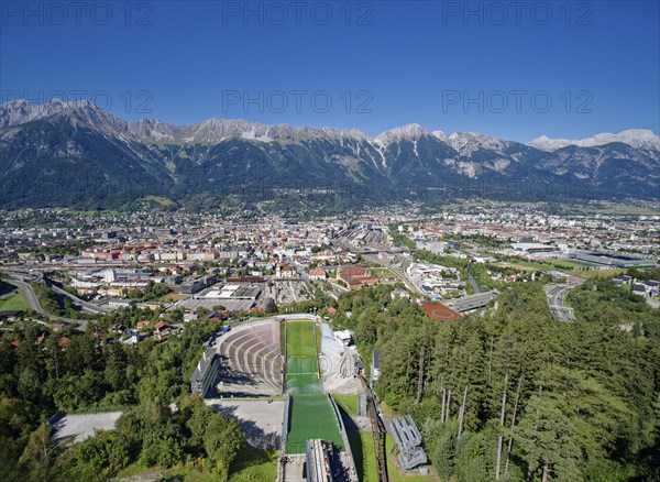 Bergiselschanze, ski jump at Bergisel, view of Innsbruck with the Innsbruck Nordkette, Innsbruck,