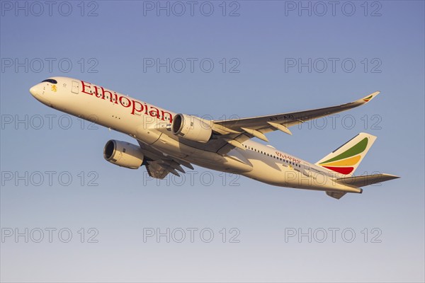 An Ethiopian Airlines Airbus A350-900 aircraft with the registration ET-AZI at the airport in