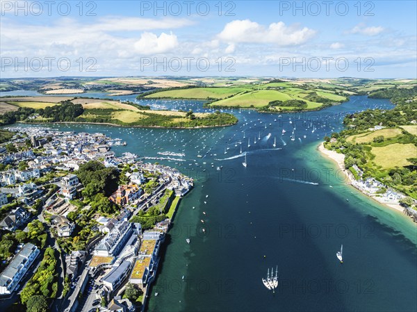 Salcombe and Mill Bay over Kingsbridge Estuary from a drone, Batson Creek, Southpool Creek, Devon,