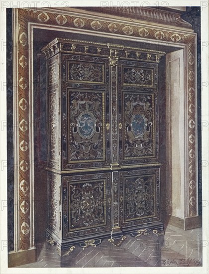 Furniture around the turn of the century 1900, Cabinet in ebony with inlays of engraved brass and