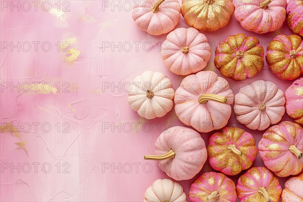 Top view of pink and golden pumpkins on side of pastel pink background with copy space. Generative