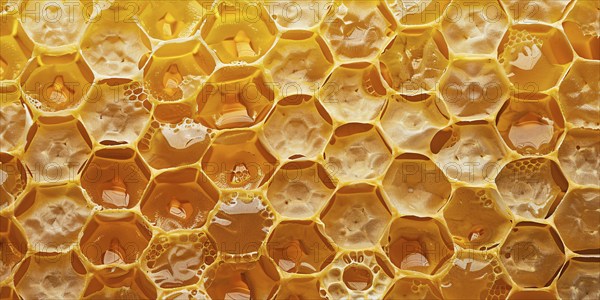 Close up of yellow honeycombs. Generative Ai, AI generated