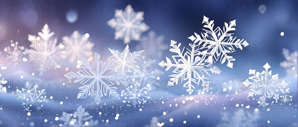 Abstract pattern of snowflakes in varying sizes and shapes in soft white and blue gradients, AI