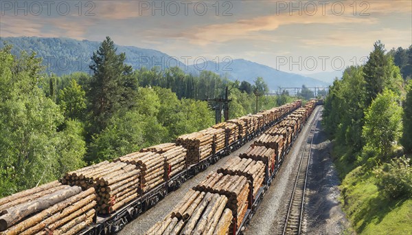 Forestry, timber industry, long goods train with goods wagons loaded with logs, AI generated, AI