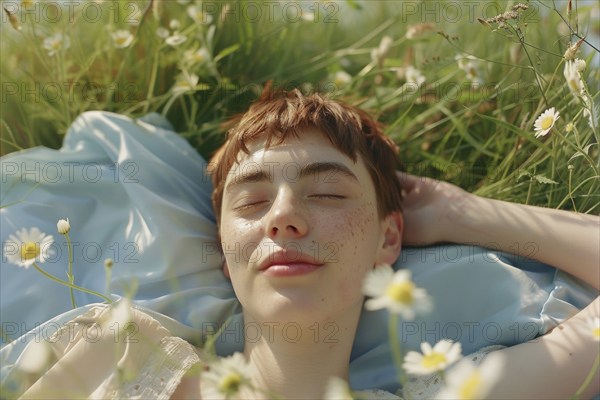 Teenager, young fair-skinned woman with red hair and freckles lying on a spring meadow and basking