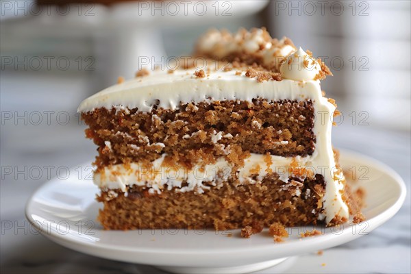 Slice of layered carrot cream cake on plate. Generative Ai, AI generated