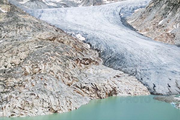 Rhone glacier, valley glacier in the headwaters of the Rhone in the Swiss Alps. Melting glacier,