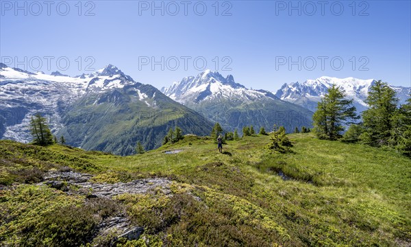 Mountaineer in front of a mountain panorama with glaciated mountain peaks, Aiguille Verte with